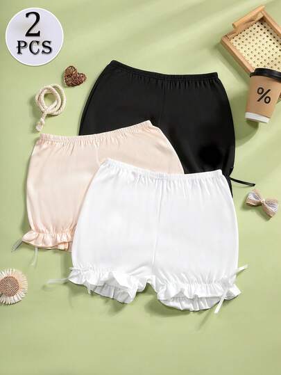 CELILIN 3pcs/Set Ice Silk Safety Shorts For Women, Sweet Bow & Ruffle Hem Leggings, Loose Non-Binding Thin Underpants