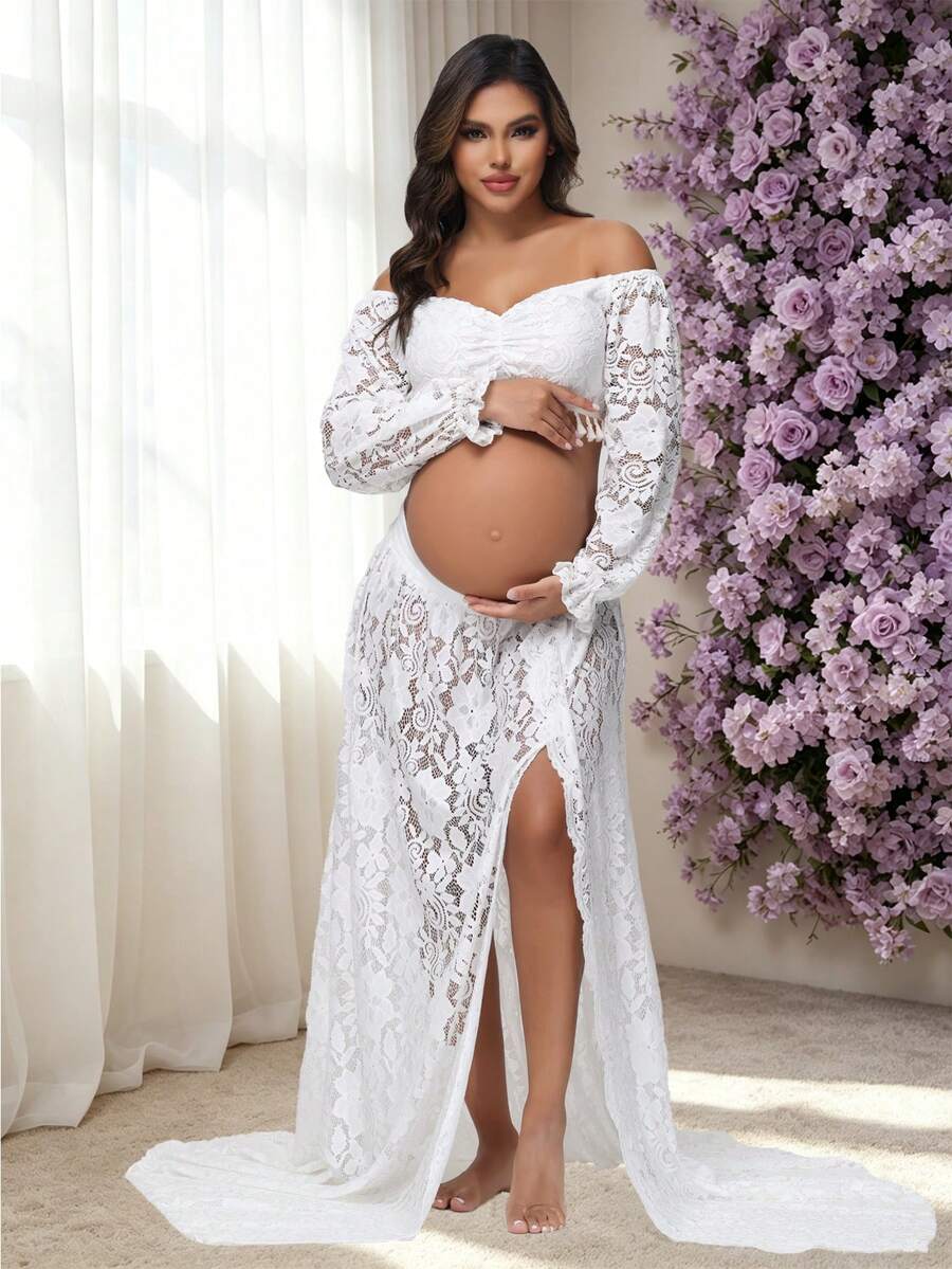 2 piezas Conjunto de maternidad: Top de encaje con hombros descubiertos y mangas con volantes con flecos, falda con abertura, adecuado para fotografía, baby shower y otras ocasiones, color blanco primaveral - Blanco - Ver 1
