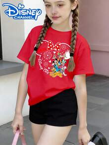 2pcs Tween Girl 2026 Disney Mickey Mouse Family Printed Pink Girls' T-Shirt And Shorts Set, Summer Vacation Pure Cotton Breathable Cute Printed Round Neck Knitted Short-Sleeve Shorts, Children's Sporty Style Cartoon Printed T-Shirt Set, Suitable For Daily Wear, Versatile And Not Stuffy, Ideal For Spring And Summer Wear, Vacations, Outdoor Activities And Amusement Park Outfits, And Can Also Be Used As Children's Gifts. - 彩色 - 查看 10
