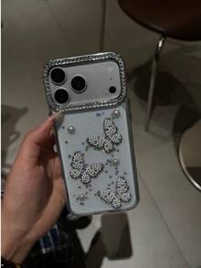 Elegant Resin Pearl Butterfly Protective Phone Case Compatible With Apple 16/17 Pro Max/ 15 Pro, Shockproof Full Coverage Case Compatible With Iphone 14/13 - White - View 3