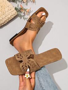 Ximi Ruo New Spring/Summer Fashion Casual Strap Slide Sandals, Comfortable Flat Heel Round Toe Beach Slippers, Holiday Essential - Brown - View 3