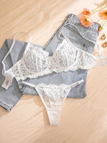 Women's Lingerie Set, White Romantic Lace Patchwork Underwire Soft Cup Comfortable Sexy Bra And Thong Set - White - View 6