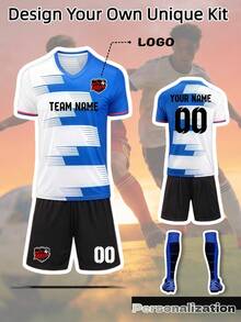Bộ 2 áo và quần bóng đá màu xanh lam và trắng phối gradient tùy chỉnh - Tên và số đội cá nhân hóa, áo và quần bóng đá thoáng khí phù hợp cho nam và thanh thiếu niên, thích hợp cho tập luyện mùa xuân, hè và thu. - Màu xanh lam - Xem 1