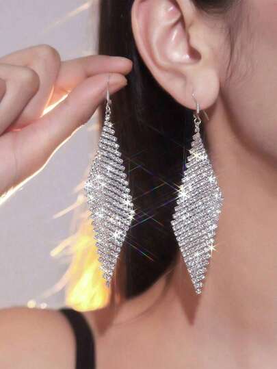 1 Pair Oversized Geometric Crystal Elegant Earrings, European & American Fashion Exaggerated Long Dangle Earrings