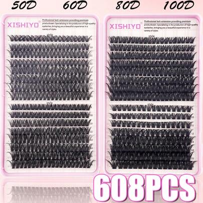 640/608pcs D-Curl Eyelash Extensions Kit, High Capacity DIY Eyelash Extension Set, Suitable For Beginners, Long-Lasting And Durable, Single Lashes, Mixed Styles, DIY Eyelash Clusters, Create Captivating Eyes Easily At Home, Essential For Makeup, Large Capacity Eyelash Set, Suitable For Cosplay, Weddings, Galas, Stage Makeup, Etc. (10D+20D+30D+40D/50D+60D+80D+100D)