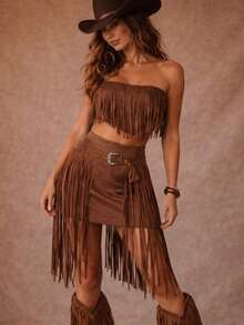 Women's Country Outfit For São João 2026: Strapless Top With Fringe And Skirt With Fringe + Belt - Junina Rodeo Fashion Look - 鏽棕色 - 查看 1