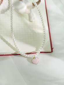 1 pieza Collar con colgante de corazón rosa y perla falsa, collar de cuentas hecho a mano para mujer, joyería minimalista, estilo francés vintage elegante, joyería de lujo hipoalergénica, perfecto para el Día de la Madre, San Valentín, bodas y celebraciones, uso diario versátil para mujer - Blanco - Ver 5