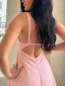Women's Summer Floral Sexy Backless Elastic Camisole Mini Dress, Suitable For Daily Wear, Beach Vacation, And Photography Elegant - 淺粉色 - 查看 3