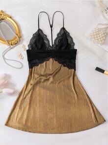 New Women's Sleepwear With Foil Stamping, 3D Cut Lace Patchwork, Y-Shaped Open Back, Sexy Lingerie Slip Dress Suitable For Multiple Occasions - Gold - View 13
