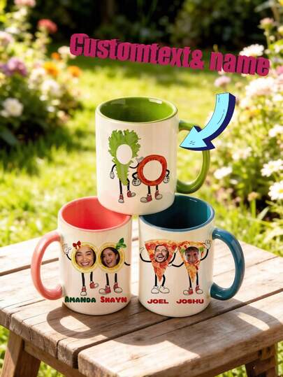 1pc Customized Ceramic Cup With Vegetable Theme, Personalized Mug, Coffee Cup, Printed With Your And Your Friend's Smiling Faces And Names, Vegetable & Pizza Cartoon Figures, Creative Mug, Personalized Painting, Cute And Fun