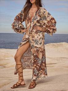 SUNSTORY Women's Bohemian Style Casual Vacation Elegant Tropical Floral Print V-Neck Ruffle Hem High Slit Maxi Dress, Beach Holiday Summer - Brown - View 6