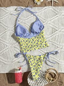 Conjunto de bikini de dos piezas con parte delantera anudada y espalda descubierta, estampado floral y de cuadros, reversible, para mujer "Lucky Girl", ideal para playa, vacaciones y verano - azul y amarillo - Ver 5