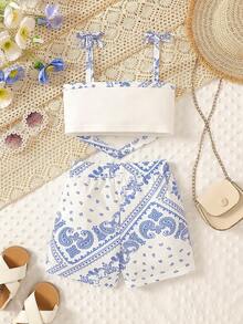 Conjunto de top de tirantes y pantalones cortos estilo bohemio para niñas, para el verano - Azul Cadete - Ver 2