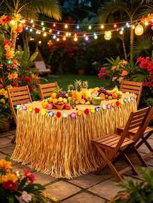 2pcs Hawaiian Grass Table Skirt, Natural Hibiscus Tropical Hawaiian Party Decor, Suitable For Indoor And Outdoor Party Decoration, Wedding Decoration, Summer Party Supplies, Straw Yellow - Yellow - View 5