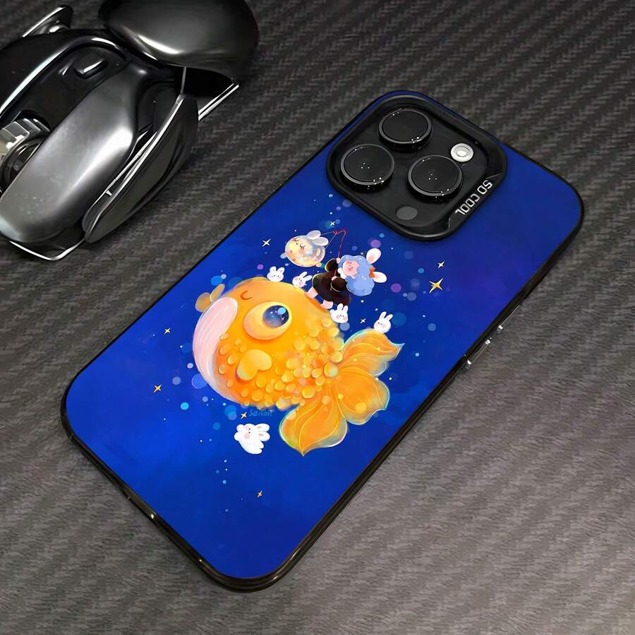 Chica montando un pez dorado en una noche azul.funda de teléfono Fundas compatibles con ,Apple,VIVO,OPPO,,, y Honor.Fabricadas en silicona TPU,ofrecen protección contra golpes y caídas. - Negro - Ver 1