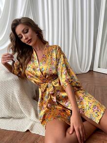 女士印花系腰休闲家居服睡袍 - 金色 - 查看 5