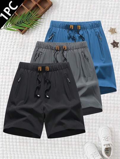 1pc Men's Summer Casual Sports Quick-Dry Shorts, With Drawstring Waist And Zipper Pockets On Both Sides, Suitable For Daily Casual Wear, Running, Ball Games, Fitness And Other Sports Activities