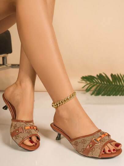 Sandalias de tacón de gatito elegantes y de moda para mujer de SDEMIN, con punta redonda, hebilla metálica, estampado y slip-on, tacones altos minimalistas y versátiles, cómodos para el verano, elegantes para el trabajo, uso diario, casual, fiesta y citas