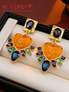2pcs Heart Cubic Zirconia Geometric Square Exaggerated Fashion Metal Multicolor Earrings For Women, Suitable For Party, Banquet, Daily Wear - Multicolor - View 10