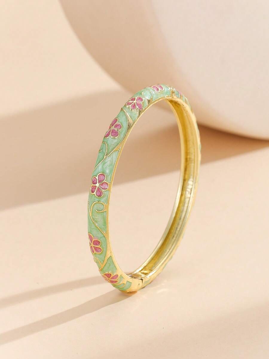 1pc Fashion New Gold Plated Flower Pattern Enamel Cloisonne Bracelet Bangle Jewelry For Girls And Women - Turquoise - View 1