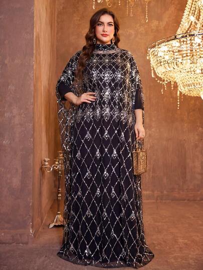  SUPGIR [Họa tiết ngẫu nhiên] Đầm dạ hội dài tay hai mặt có thắt lưng đính sequin phối màu dành cho nữ cỡ lớn