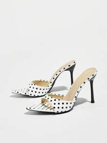 Women's High Heel Mirror Pop Mules, Classic Style For Spring/Summer, Suitable For Night Party, Banquet, Outdoor, Fashion Stroll, Runway, Wedding, Home & Leisure, Featuring Cinched Waist, Strap Pointed Toe, Electroplated Black Thin High Heel, Paired With High-Quality Polka Dot Fabric Slip-On, Elegant And Fashionable White High Heels - White - View 6