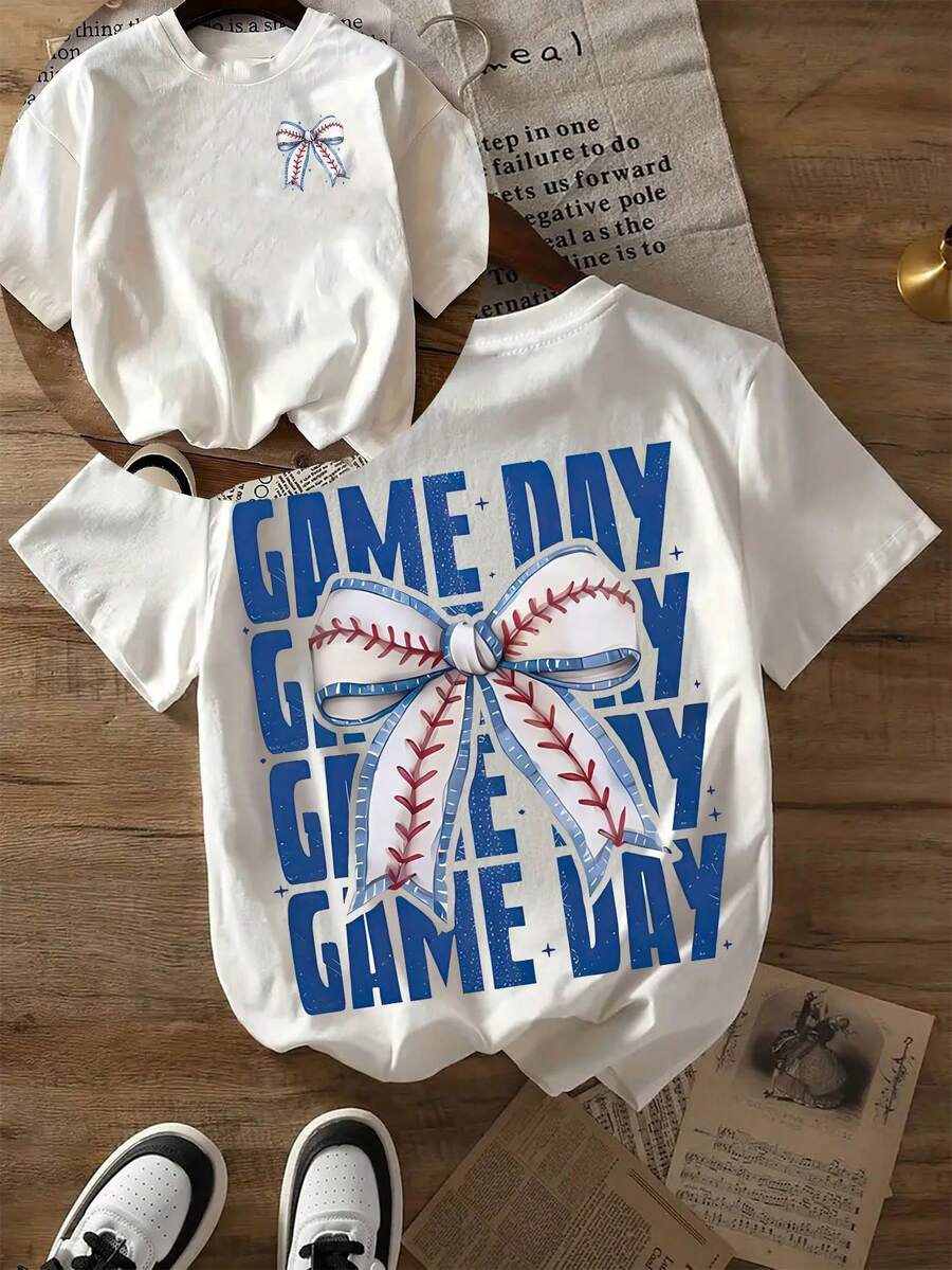 [Front And Back Images] Women's Fitted Baseball Bow Tie Print T-Shirt - "Game Day" Design On Both Sides, Breathable, Casual Urban Style, Spring And Summer, Machine Washable, Fashionable Summer T-Shirt | Shirt Decorated With Bow Tie | High-Quality Fabric - Unisex Short-Sleeve Crew Neck Loose Fit Cotton Vintage Urban Style T-Shirt - 白色 - 查看 1