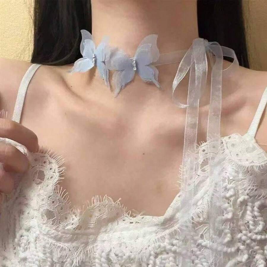 迷人蝴蝶水钻项链,精致奢华女士颈链,珠宝配饰 - 淺藍色 - 查看 1