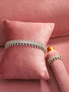 Bộ 1 chiếc vòng tay và nhẫn bạc/vàng cao cấp đính đá Cubic Zirconia, thích hợp đeo hàng ngày và trong các dịp lễ hội, có thể điều chỉnh độ mở. - Bạc - Xem 5