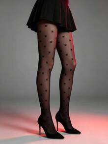 1 par de medias de lujo con estampado de letra C en color negro, mallas finas con estilo elegante de señora, leggings sexy y estilizadores - Negro - Ver 2