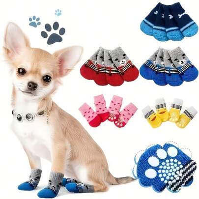 4 đôi tất chống trượt cho chó - Chất liệu polyester bền chắc, bảo vệ bàn chân, ngăn ngừa liếm chân, phù hợp cho chó và mèo trong nhà/ngoài trời, giày thú cưng thoải mái, giày chống trượt cho chó mèo, sử dụng trong nhà quanh năm, bảo vệ bàn chân chó, phụ kiện ngoài trời thoáng khí.
