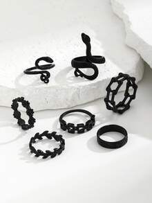 7件套时尚哥特风多元素叠戴黑色戒指套装，包括蛇形粗戒指、叶子雏菊等款式，适合日常音乐节派对佩戴。 - 彩色 - 查看 5