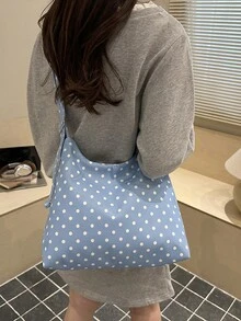 Tas Bahu Kanvas Minimalis Motif Polkadot, Koleksi Terbaru Musim Semi/Panas, Desain Terbuka, Dua Tali, Tas Selempang Kasual Ringan Kapasitas Besar, Cocok untuk Penggunaan Sehari-hari, Perjalanan, dan Pelajar Wanita - Biru - View 3