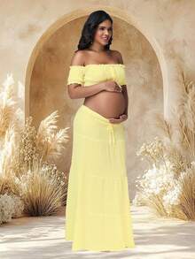 JustVH 2 piezas Conjunto de top corto con hombros descubiertos y volantes en el bajo y falda larga fluida para maternidad, adecuado para fotografía y uso en la playa en primavera - Amarillo - Ver 5