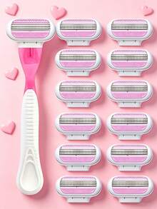 女士比基尼剃毛器，三层不锈钢刀片，可替换刀头，适用于私密部位、腋下和腿部，美容院和旅行必备用品 - 1手柄+12刀片 - 查看 14