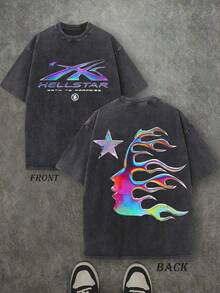 Men's Oversized Washed Graphic T-Shirt Hell Flame Star Silver Print Vintage Streetwear Tee - 黑色 - 查看 6