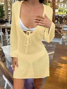 FOR BEAUTY Spring/Summer New Beach Cover-Up, Women's Solid Color Jacket, Minimalist Elegant Style, Vacation & Leisure, Bold & Forward, Sexy Girl See-Through, Beach Holiday & Music Festival Hollow Collar Shirt, Carnival White - 黃色 - 查看 6