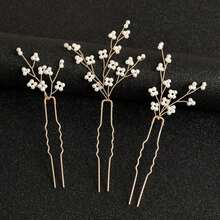 3pcs Women Handmade Faux Pearl Hairpins Set, Bridal Headwear For Wedding Party Gathering Valentine's Day AccessoriesLightweight, - 彩色 - 查看 3