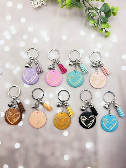 1 pieza Llavero de madera con corazón de mamá, llavero con borla estilo bohemio, regalo multicolor del Día de la Madre para mamá, accesorio con grabado láser para bolso de mujer