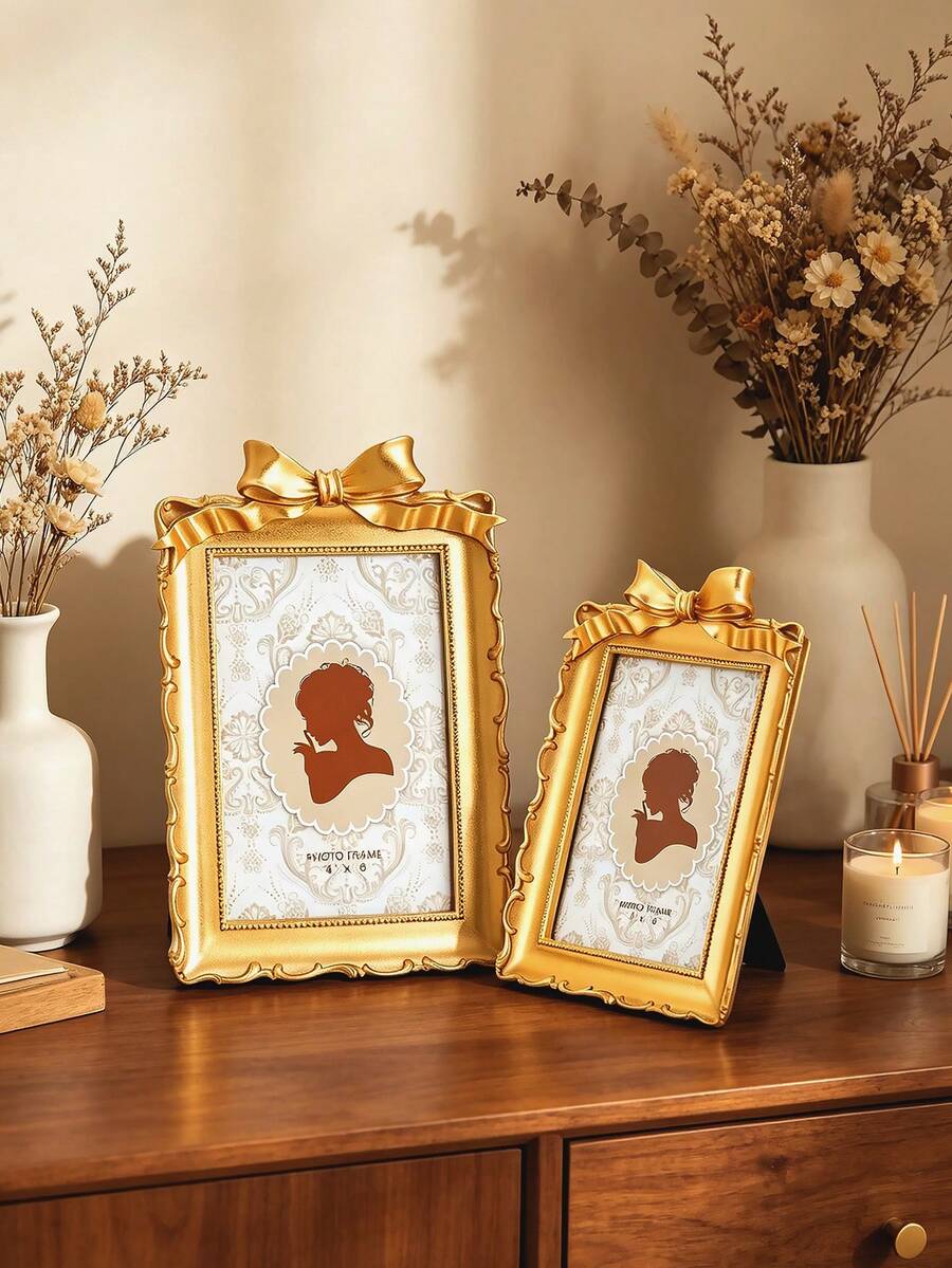 1pc Large Petal-Shaped Resin Photo Frame Stand, Vintage Style Resin Frame, Decorated With Succulents And Golden Palm Leaf Texture, Elegant Retro Design, Suitable For Wall And Tabletop Display