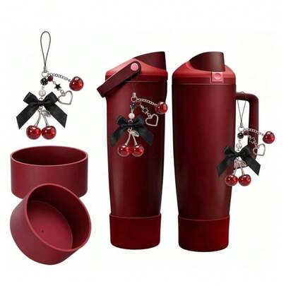 1 Set Of 24/30/32/40 Ounce Cherry Pendant And 2PCS Silicone Coaster Set, Perfect Water Bottle Accessory Set, High-End Black Cherry Pendant, Practical And Elegant Set, A Good Choice For Gift Giving, Suitable For Most People