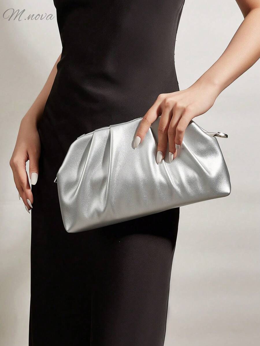Vintage Solid Color Zipper Clutch, Suitable For Women, Applicable For Wedding, Party, Prom, Evening Events,Bride - Silver - View 1