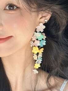 2件套时尚甜美花朵流苏耳环，金属树脂多色吊坠耳环，适合女性日常、派对、节日佩戴，亦可作为日常礼物 - 彩色 - 查看 5