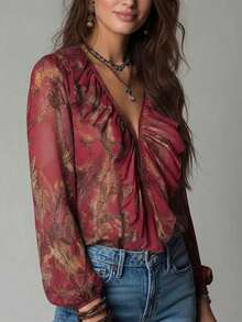 Vintage French Vacation Style Elegant Chiffon Allover Print Deep V-Neck Zipper Ruffle Sleeve Women Blouse Summer - Rojo oscuro - Ver 3