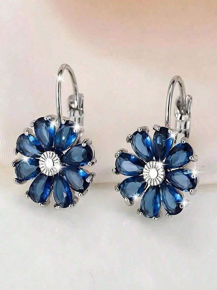 2pcs Fashionable Sunflower CZ Zirconia Encrusted Clip On Earrings For Women, Suitable For Holiday Gatherings & Outfits 8VRZ HTZC - 藍色 - 查看 1