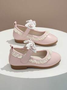 2026 Primavera/Otoño Nuevos Zapatos de Princesa de Niña con Encaje, Perla y Lazo Mary Jane, Suela Suave Antideslizante para Primeros Pasos de Bebé, Zapatos de Cuero Versátiles para Bebés y Niños Pequeños - Rosa - Ver 3