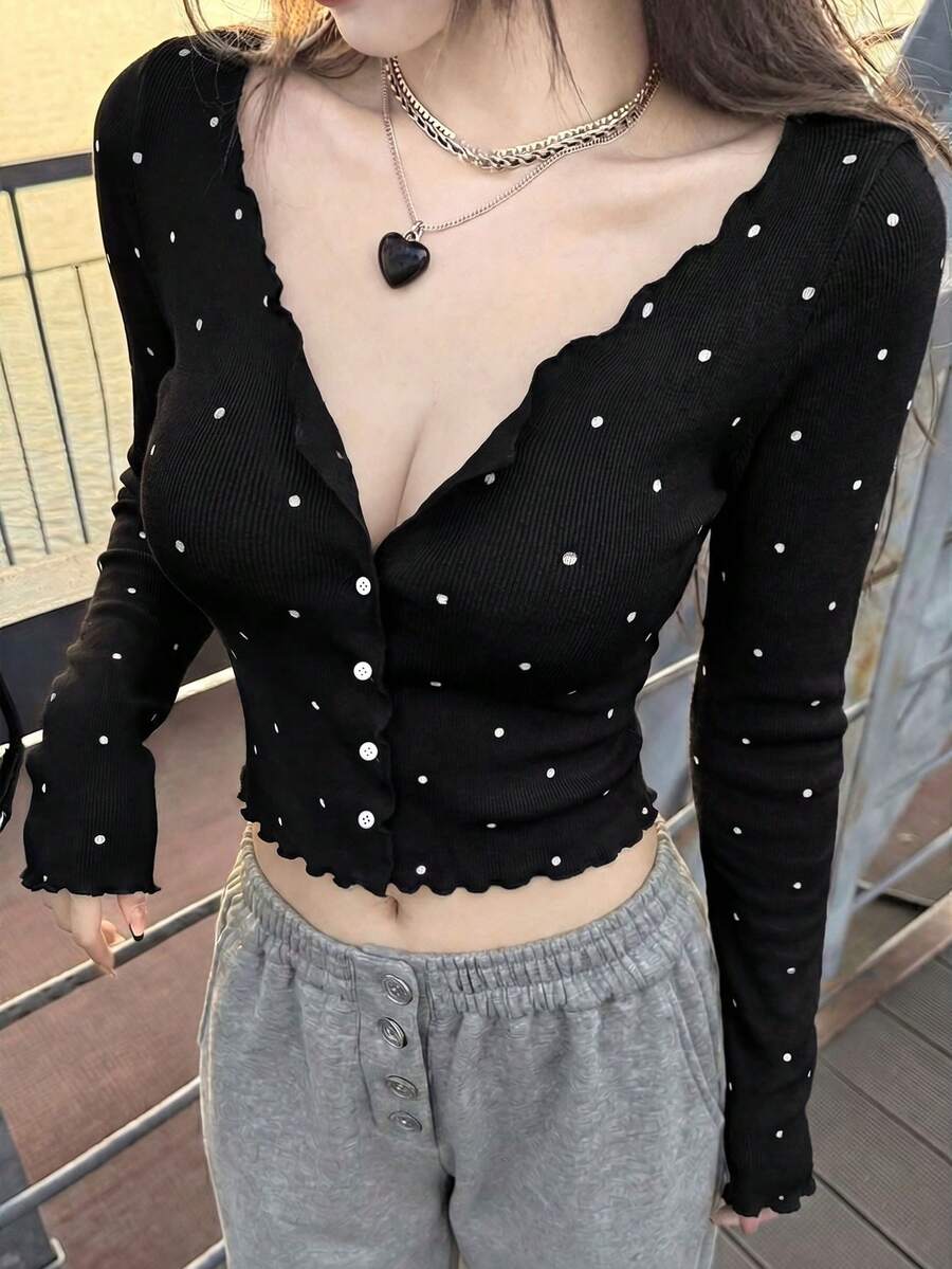 Nuevo Cárdigan de punto con estampado de lunares, estilo coreano para primavera/verano. Elegante y con ajuste ceñido, con volantes y mangas largas, ideal para vacaciones - Fondo negro con puntos blancos - Ver 1