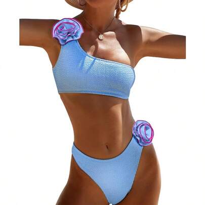Bikini para Mujer Traje de Baño Dos Piezas con Un Hombro 3D Flores para Playa Vacaciones