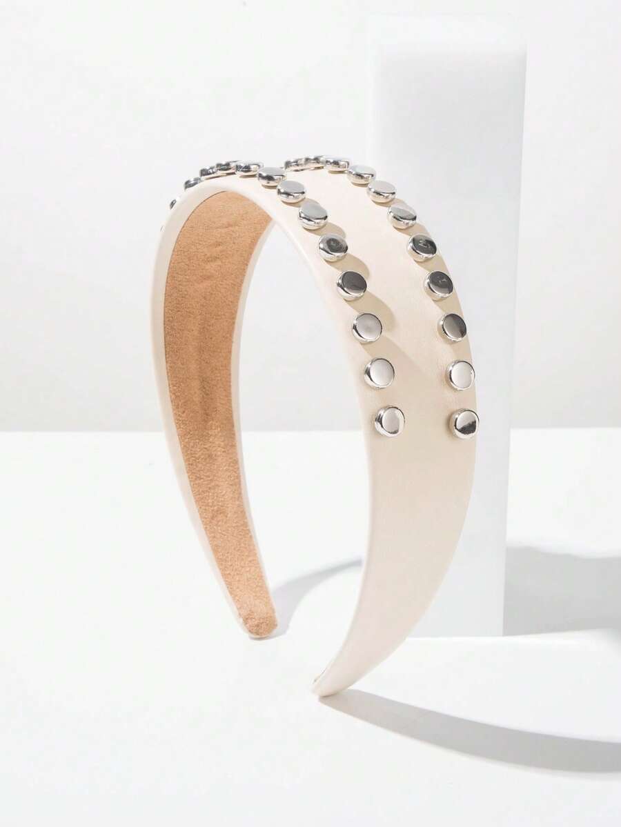 1pc Fashionable Solid Color New Rivet Leather Wide Headband, Versatile Elegant Party & Event Hair Accessory,Festival,Birthday - FG711 White - View 1