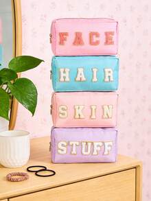 4个装雪尼尔字母刺绣化妆包，大容量多功能洗漱包 - 彩色 - 查看 1